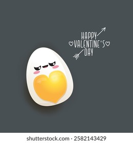 vector funny world egg day greeting card with cute eggs couple character with heart yolk isolated on grey background. Happy world egg day day cartoon pink banner or poster.