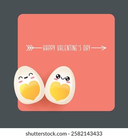 vector funny world egg day greeting card with cute eggs couple character with heart yolk isolated on grey background. Happy world egg day day cartoon pink banner or poster.