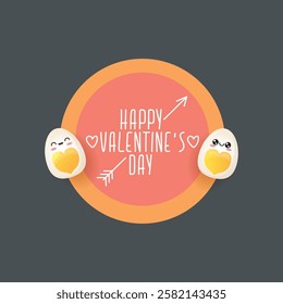 vector funny world egg day greeting card with cute eggs couple character with heart yolk isolated on grey background. Happy world egg day day cartoon pink banner or poster.