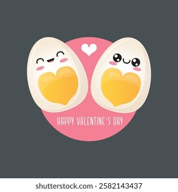 vector funny world egg day greeting card with cute eggs couple character with heart yolk isolated on grey background. Happy world egg day day cartoon pink banner or poster.