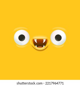 Vector funny yellow monster face with open mouth with fangs and eyes isolated on yellow background. Halloween cute and funky monster design template for poster, banner and tee print