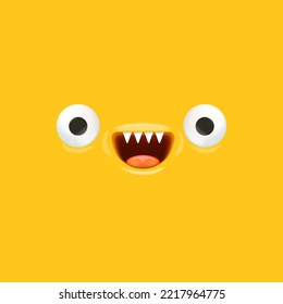 Vector funny yellow monster face with open mouth with fangs and eyes isolated on yellow background. Halloween cute and funky monster design template for poster, banner and tee print