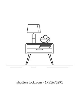 Vector furniture icon, linear icon of bedside table, cabinet with books and fruits. Table lamp icon.