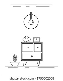 Vector furniture icon, linear nightstand icon, clock icon on the chest of drawers, modern chandelier, small chest of drawers in the interior. Flower pot, bowl with fruits on the shelf.