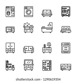 Vector Furniture Linear icons. Related Outline Symbols Сollection. Includes Bathroom, Washing Machine, Sofa and More