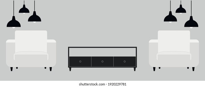 vector furniture in the living room. flat image of two soft armchairs with a chest of drawers. black lamps above the chair.