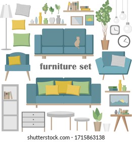Vector furniture set. Elements for the living room  with sofa, table, chair, shelves,  lamp, clocks and other elements. Flat vector Illustration of objects for decoration and Interior design.