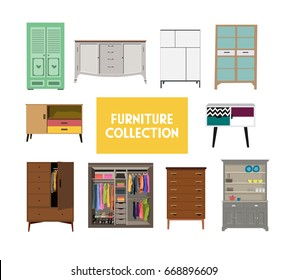 Vector Furniture Set Elements.
 Wardrobe, Chest Of Drawers, Side Table, Closet. Home Interior Design. 