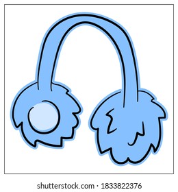 Vector furry winter headphones blue color isolated on white. Cute winter design element. Color Hand drawn illustration for web design, logo, icon, app, UI