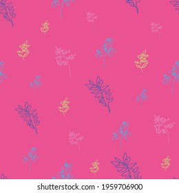 Vector fushia pink background herbs, leaf, flowers and plants texture seamless pattern. Seamless pattern background