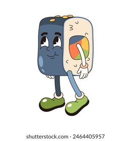 Vector futomaki sushi pop art. Walking character of futo maki roll. Comic fish food with eyes and face in 90s comic style. Eating bar or restaurant sign in vintage style.Traditional japanese ehomaki