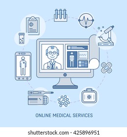 Vector future medicine concept with doctor, gadgets and thin line icons. Modern flat design concept for medical services and clinics, web banner , infographics. Vector illustration