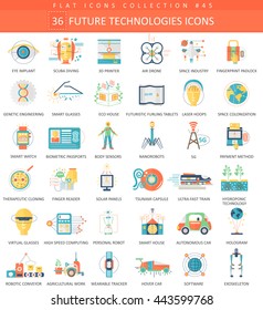 Vector Future technology color flat icons set. Elegant design icons for web.