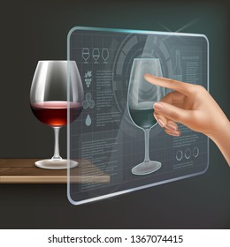 Vector future user interface technology with infographic or futuristic holographic touchscreen concept with glass of vine and realistic pushing hand isilated on dark background