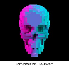 Vector futuristic 3D pixel skull. Retro video game style symbol,  illuminated by blue and violet neon lights. Cool futuristic design element.
