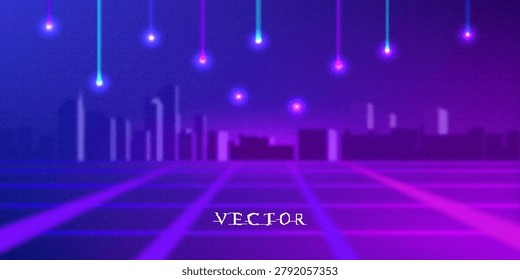 Vector futuristic abstract blue, violet and pink haze banner. Blurred silhouette of distant city on horizon. Bright glow, rays and illumination. Cloudy texture. 3D poster. Dense blurry grid. Stars and comets