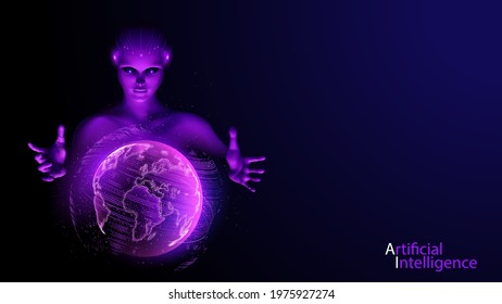 Vector. Futuristic abstract image. Artificial Intelligence. A humanoid robot creates a virtual planet Earth. Holographic continents. Realistic 3d blue-violet background. Modern technologies.