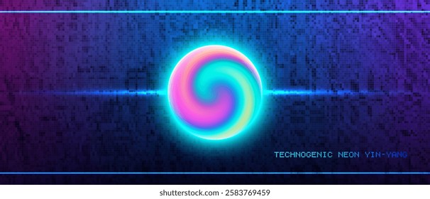 Vector futuristic abstract technogenic glowing cyan neon blurry yin yang. Bright luminescent energy beams. Dark pixel mosaic background. Wide fluorescent flyer, banner