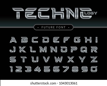Vector of Futuristic Alphabet Letters and numbers, Future Techno stylized fonts, Silver inline Letters set for sci-fi, Technology, digital, Geometric, military.