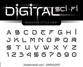 Vector of Futuristic Alphabet Letters and numbers, One linear stylized rounded fonts, Digital Techno. Black Minimal Letters set for sci-fi, Technology, Future, Geometric, military.