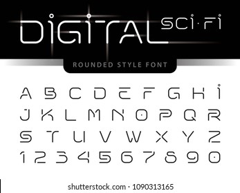 Vector de letras y números de alfabeto futurista, Una letra redondeada con estilo lineal, Tecno digital. Ligeras Cartas Mínimas fijadas para ciencia ficción, tecnología, futuro, geométrica, militar.