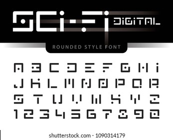 Vector de letras y números de alfabeto futurista, Una fuente lineal estilizada redondeada, Digital Techno. Cartas mínimas cuadradas fijadas para ciencia ficción, tecnología, futuro, geométrica, militar.