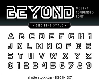 Vector of Futuristic Alphabet Letters and numbers, One linear stylized rounded fonts, One single line for each letter, Black Condensed Letters set for sci-fi, military.