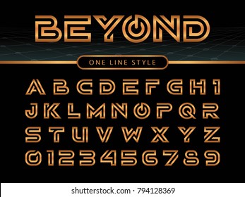 Vector of Futuristic Alphabet Letters and numbers, One linear stylized rounded fonts, One single line for each letter, Gold Letters set for sci-fi, military.
