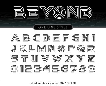 Vector of Futuristic Alphabet Letters and numbers, One linear stylized rounded fonts, One single line for each letter, Double Line Letters set for sci-fi, military.
