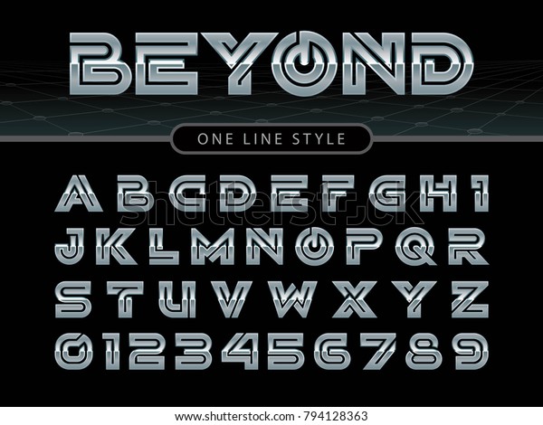未来的なアルファベットの文字と数字のベクター画像 線形の丸いフォント 文字ごとに1行 Sf用のクロム文字セット 軍隊用 のベクター画像素材 ロイヤリティフリー