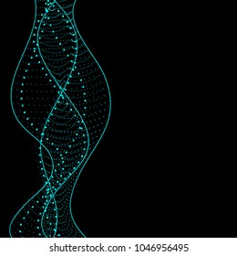 Vector futuristic background. Blue wavy abstract lines dots on a black background.