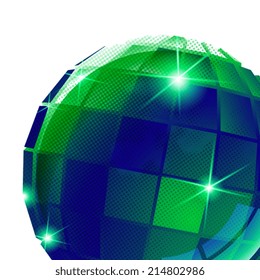 Vector futuristic background with effect sparkling emerald textured sphere created from squares.