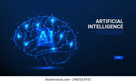 Vector futuristic banner with AI brain. Vector illustration with futuristic glowing low polygonal brain. Ai technology, artificial mind, neural network, artificial Intelligence concept. 