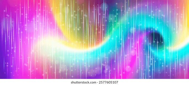 Vector futuristic bright radiant glowing fabulous wide banner. Abstract textured glare wallpaper. Curved swirl soft flowing color streams. Luminous laser beams and starry background