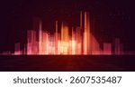 Vector of futuristic cityscape with smart buildings and neon lights in red and orange colors. The layout reflects innovation, energy and digital technologies. Illustration.