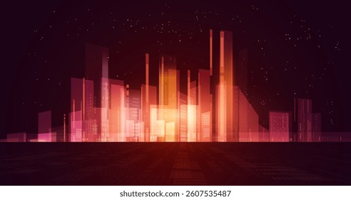 Vector of futuristic cityscape with smart buildings and neon lights in red and orange colors. The layout reflects innovation, energy and digital technologies. Illustration.
