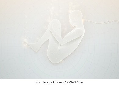 Vector futuristic cyberpunk human genesis background. Birth of artificial intelligence. Human cloning concept. Futuristic android creation process illustration. Mystical hi-tech bioengineering