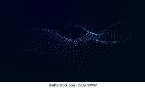 Vector futuristic dark background. The wave effect of a web of blue dots. Big data. Illustration of technologies and artificial intelligence. The effect of particle oscillation.