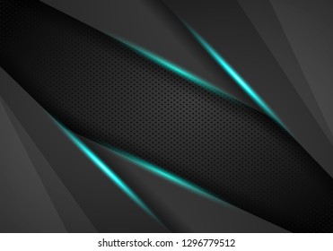 vector futuristic dark iron techno texture. Blue abstract electron energy line on brushed black metal background. Power vein light tech pattern