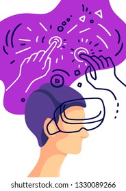 Vector futuristic design. Head, face of man with glasses. Virtual reality. Art line graphic concept. Network science. Modern human illustration on white background. Abstract elements of vr interface 