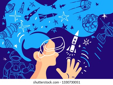 Vector futuristic design. Head, face of boy of virtual reality. Child in space travel. Art graphic concept. Network science. Human color illustration. 