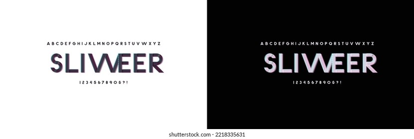 Vector Futuristic Distorted Font. Trendy style lettering typeface. Green and red channels. Latin letters from A to Z and numbers from 0 to 9. Alphabet and Illustration.