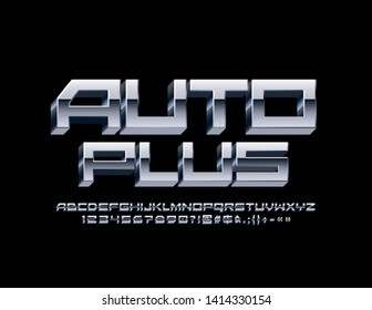 Símbolo vectorial futurista Auto Plus con fuente metálica. Letras, números y símbolos alfabetos de estilo tecnológico 3D