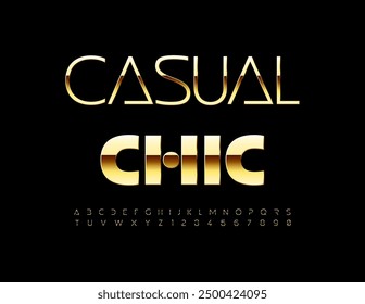 Vector futuristic emblem Casual Chic. Gold glossy Font. Unique style set of Alphabet Letters and Numbers