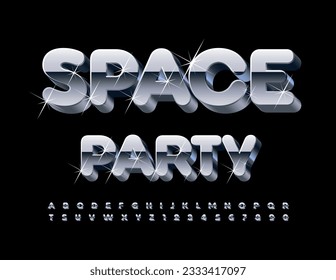Vector futuristic flyer Space Party. 3D metallic Alphabet Letters and Numbers set. Chrome reflective Font