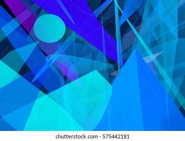 Vector futuristic geometrical mountain scene. Imaginary night landscape. Digital creative artwork.