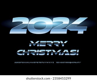 Vector futuristic greeting card Merry Christmas 2024! Unique metallic Font. Glossy set of abstract style Alphabet Letters and Numbers