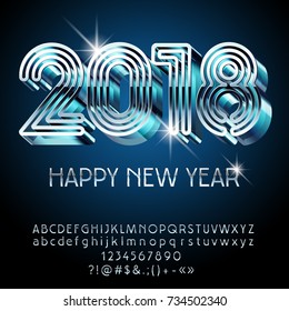 Vector futuristic Happy New Year greeting card with Alphabet set of Letters, Symbols and Numbers. Silver Font contains Graphic Style