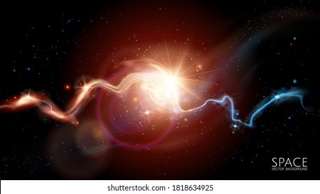 Vector futuristic image of outer space. Blurry nebulae, distant galaxies, energy flares, bright stars and planets. A mysterious and endless universe. Dark brown abstract background.