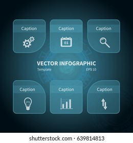 Vector futuristic infographic template on the blue background. Concept with transparent elements and with icons.